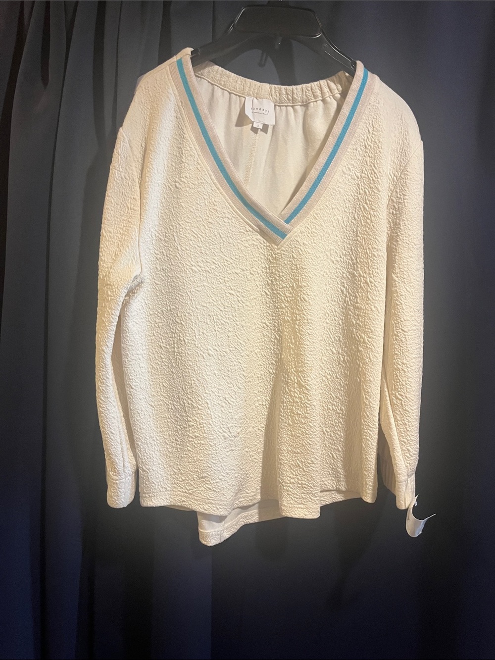sundays Cream V-Neck Sweater with Blue Trim